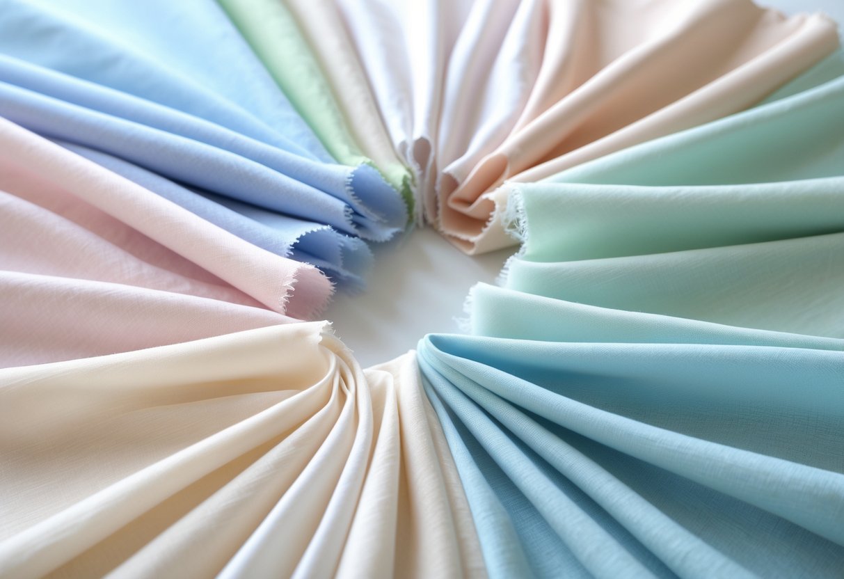 A collection of 29 lightweight lawn cotton fabric samples in pastel colors arranged neatly on a white surface.