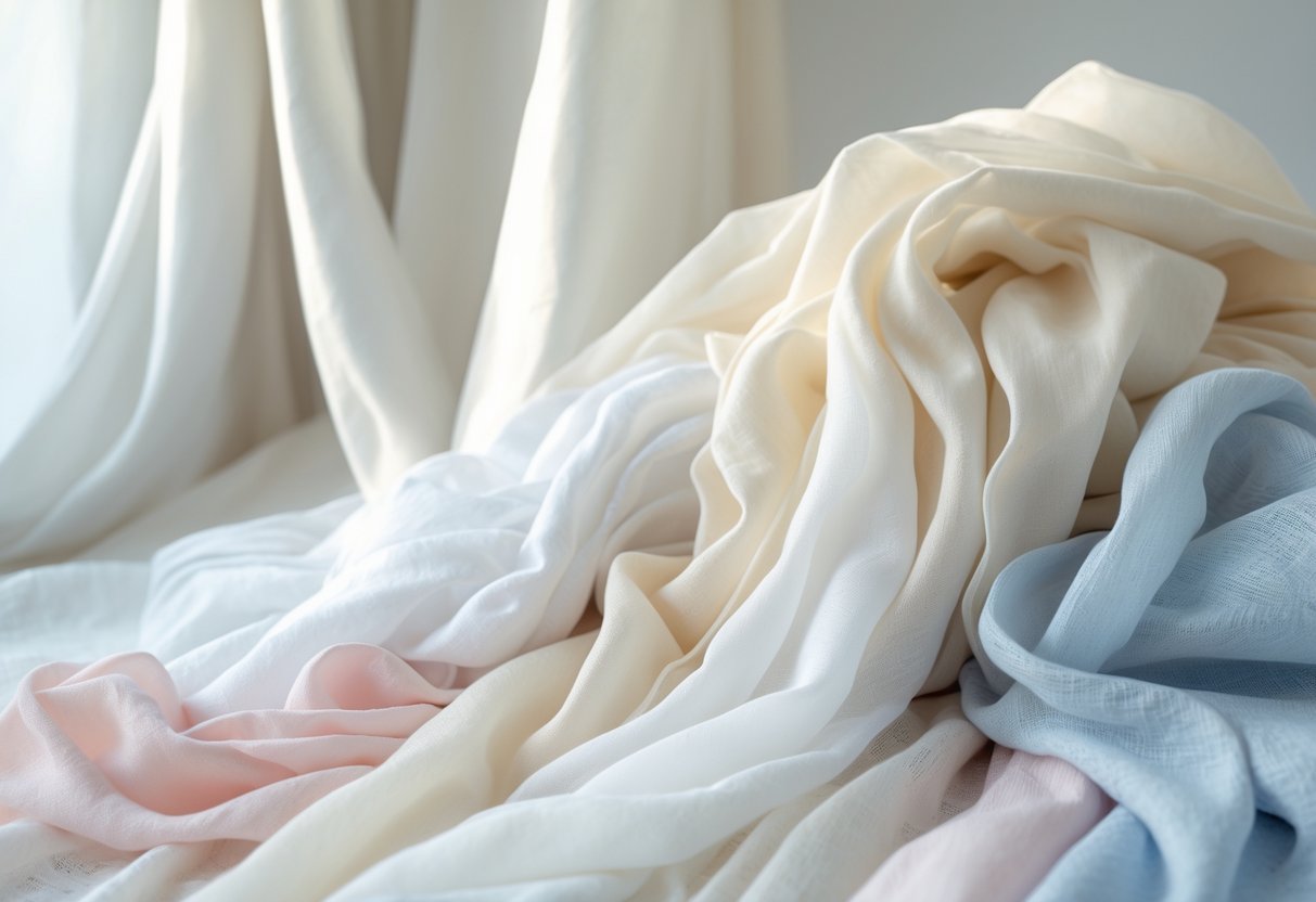 A close-up view of various light fabrics in soft pastel colors gently draped and layered, highlighting their delicate texture and translucency.