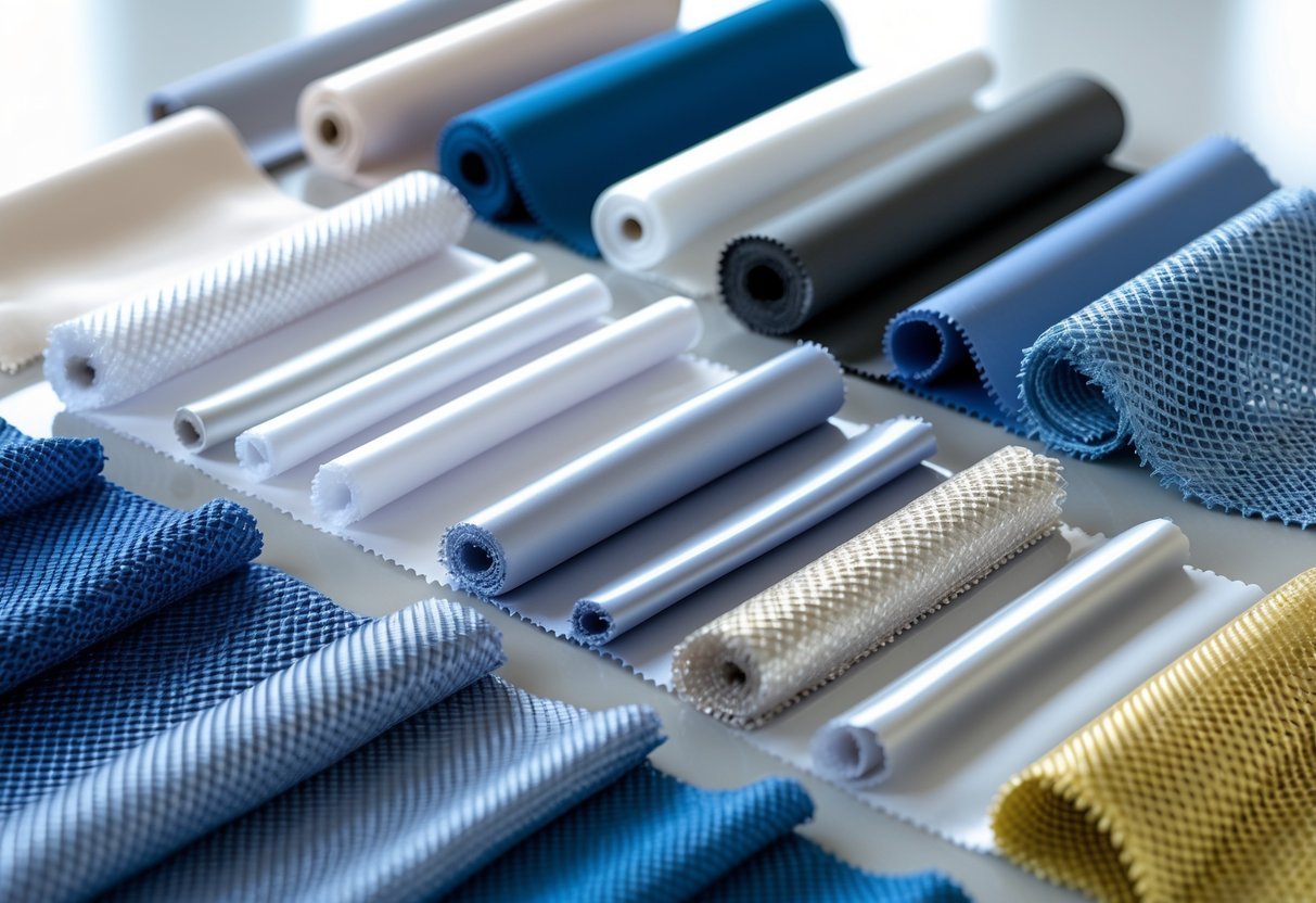 Close-up view of different types of nylon fabric samples arranged on a clean surface, showing various textures and colors.