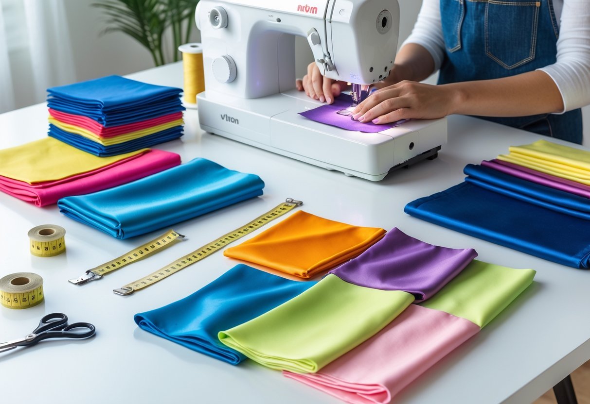 Hands sewing colorful nylon fabric swatches on a white table with sewing tools nearby.