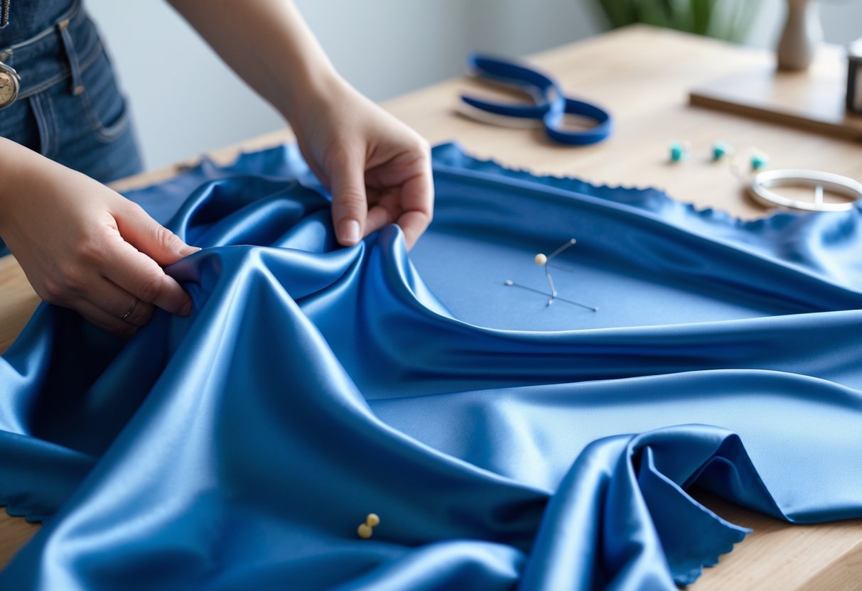 Close-up of hands preparing blue nylon fabric for sewing on a wooden table with sewing tools nearby.