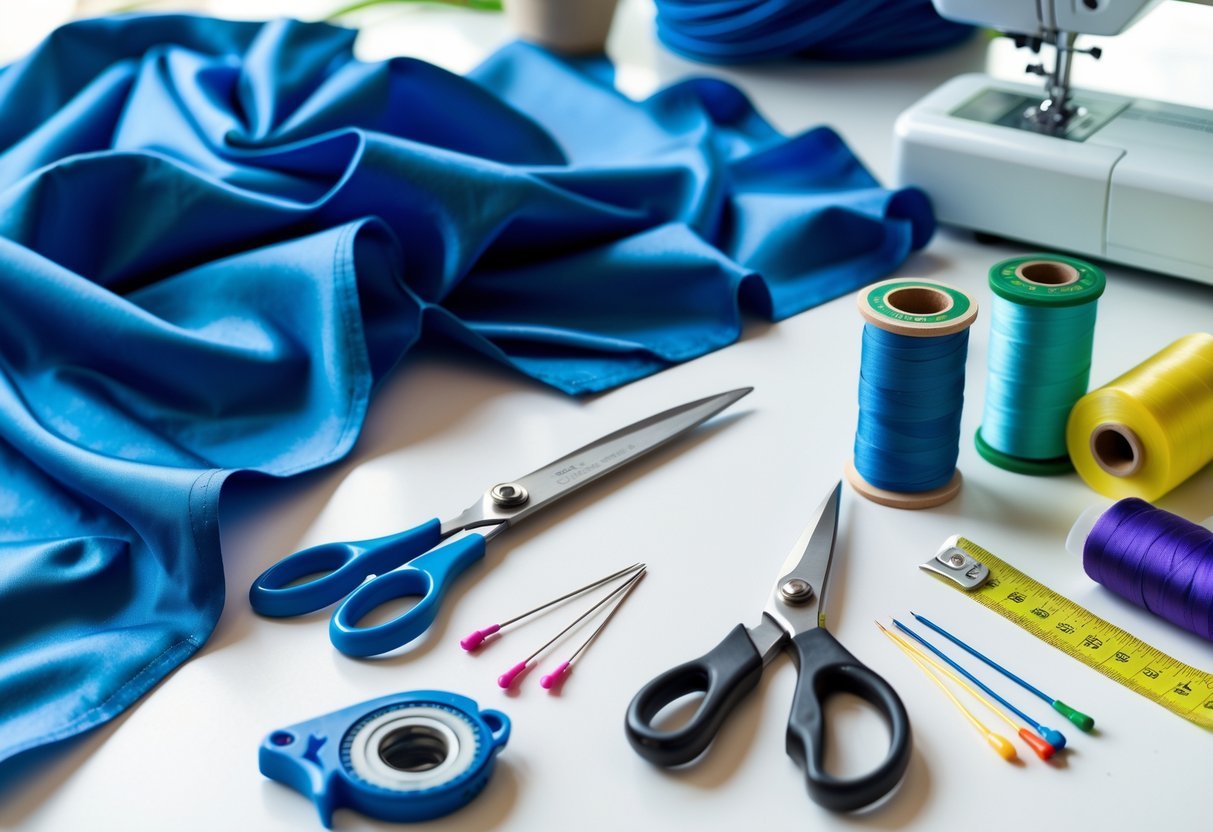 A workspace with nylon fabric and sewing tools including scissors, thread, pins, measuring tape, and a sewing machine.