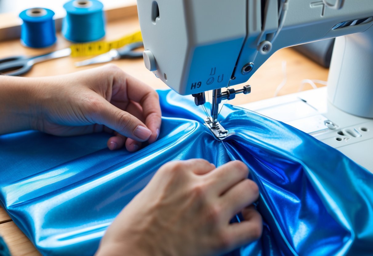 Close-up of hands sewing blue nylon fabric on a sewing machine with sewing tools nearby.