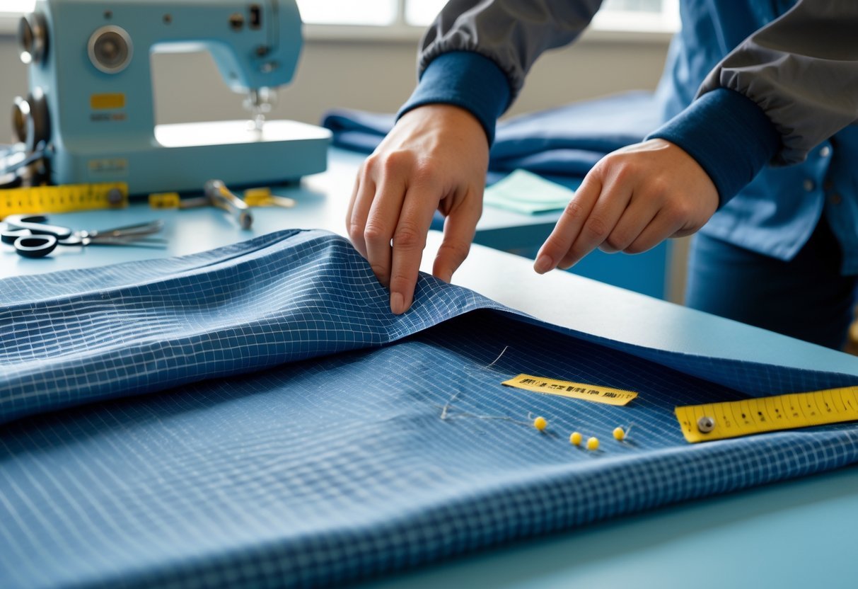 Hands working with ripstop nylon fabric on a worktable with sewing tools nearby.