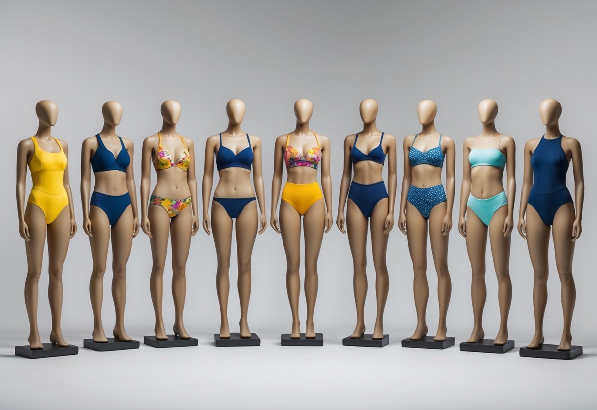 Eleven mannequins each wearing a different type of swimsuit arranged in a row against a plain background.