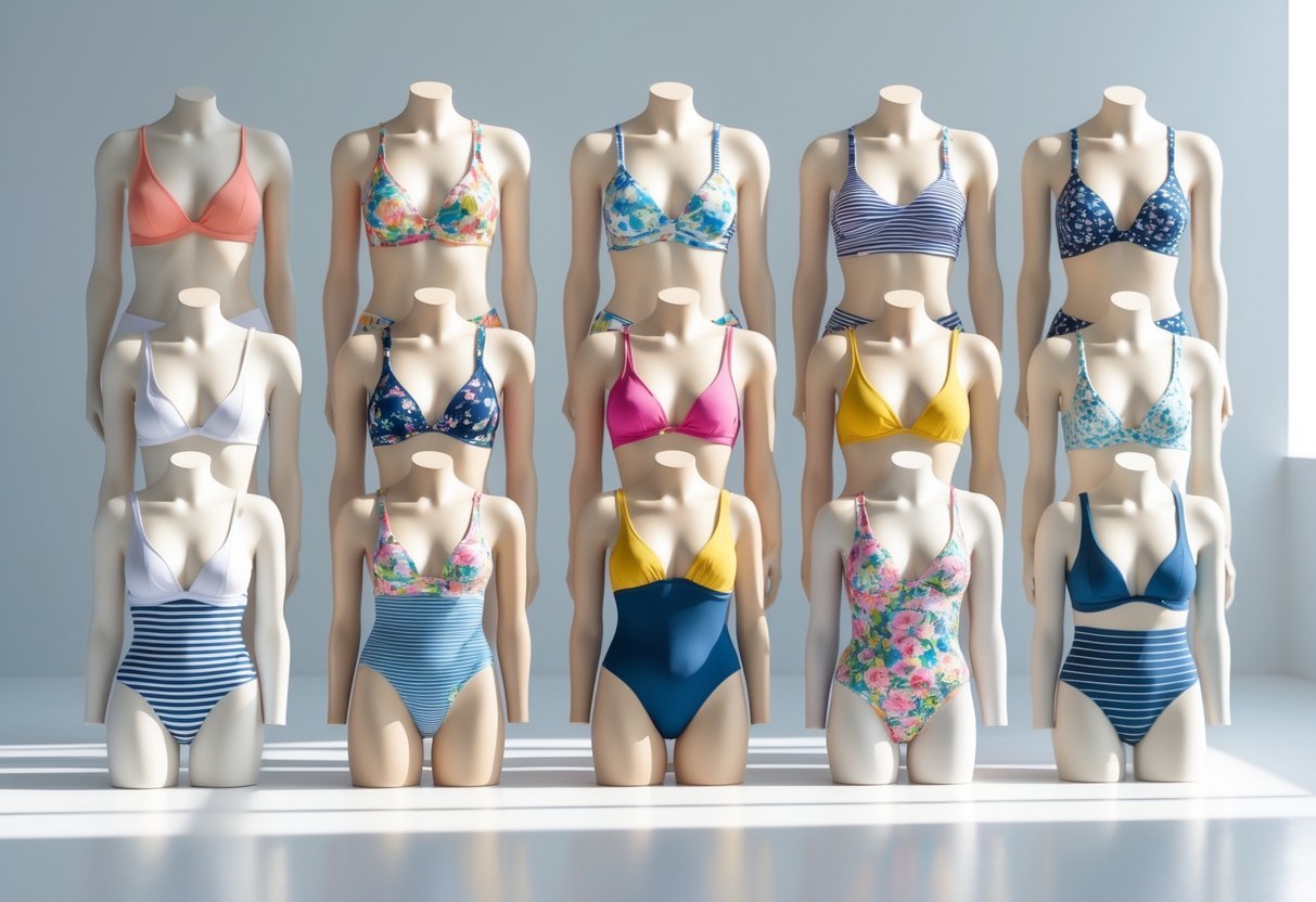Eleven different high-waist bikinis displayed on mannequins or models against a plain background.