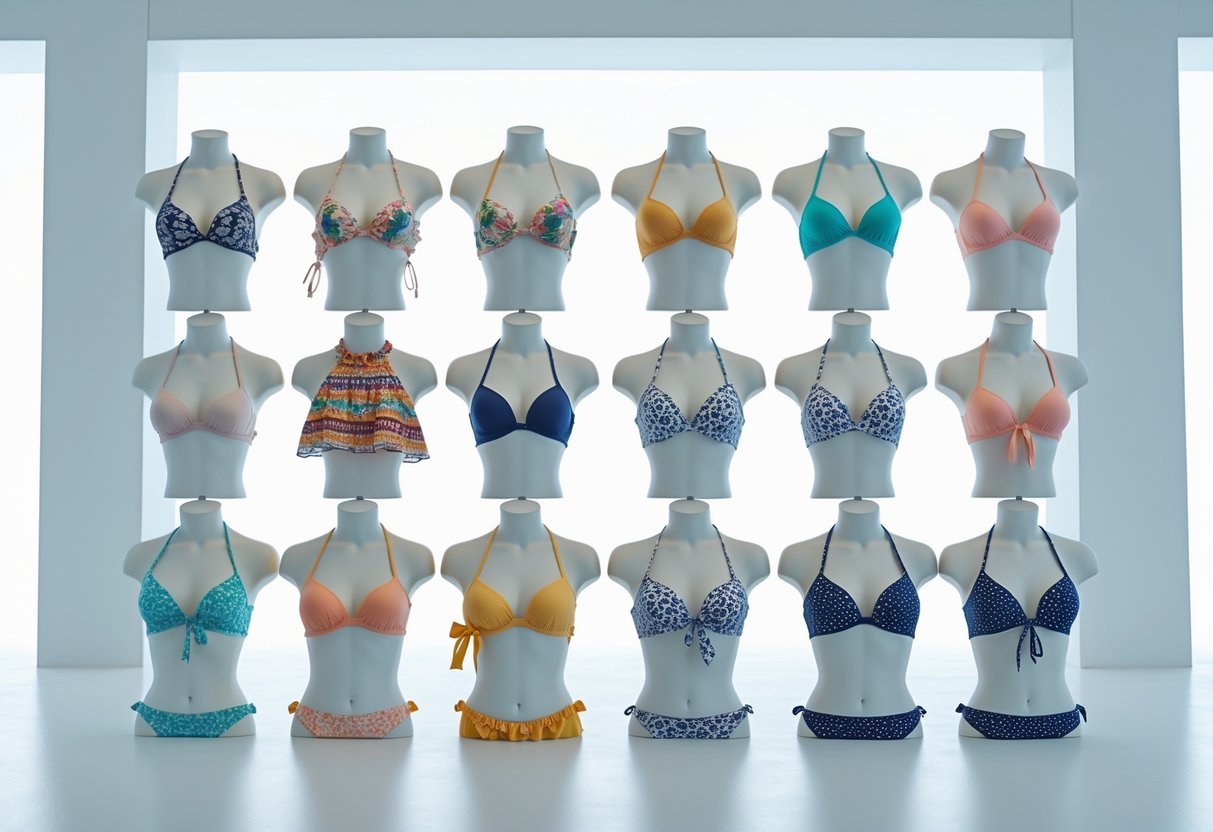 Eleven mannequins wearing different styles of bandeau bikinis arranged in a bright studio with a white background.