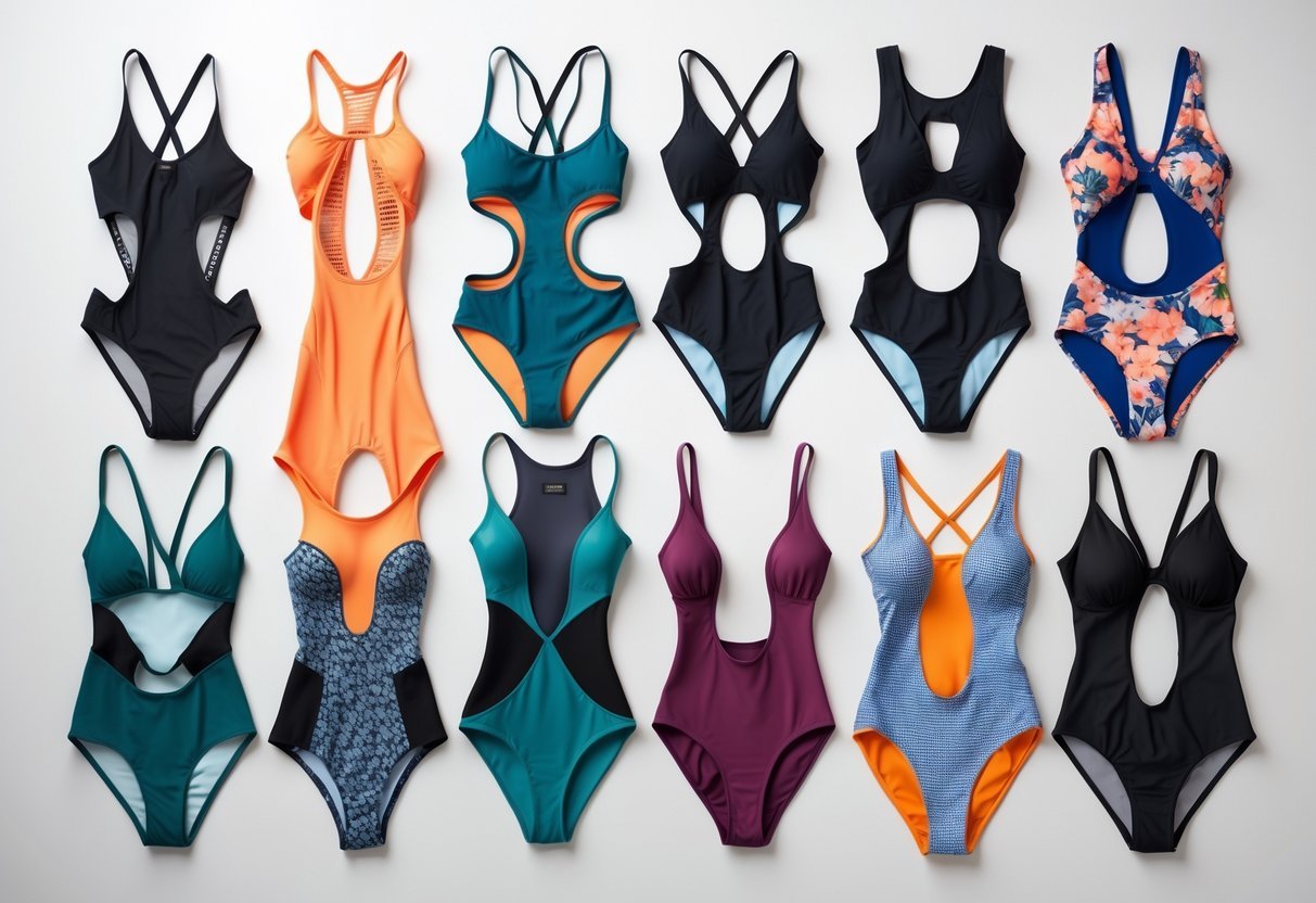 Eleven different one-piece swimsuits with various cut-out designs arranged neatly on a white background.