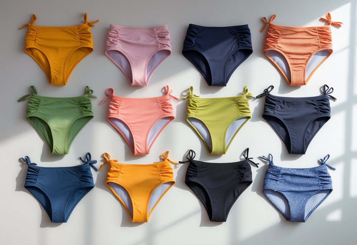 Eleven different styles of cheeky bikini bottoms arranged neatly on a plain background.