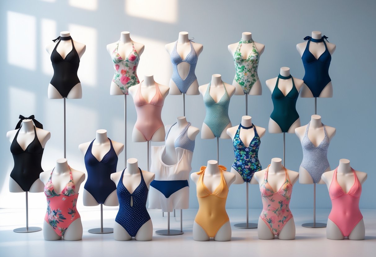 Eleven mannequins wearing different halter neck swimsuits arranged in a bright studio.