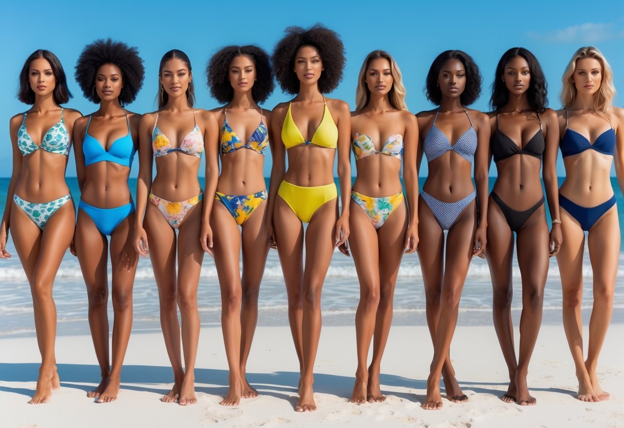 Eleven women standing side by side on a beach, each wearing a different monokini swimsuit.