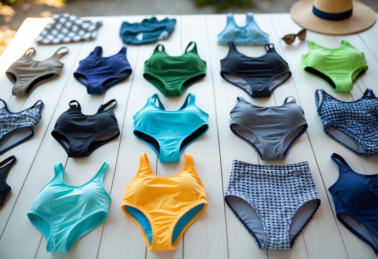 An assortment of eleven swimsuits made from different fabrics arranged on a wooden surface with beach accessories blurred in the background.