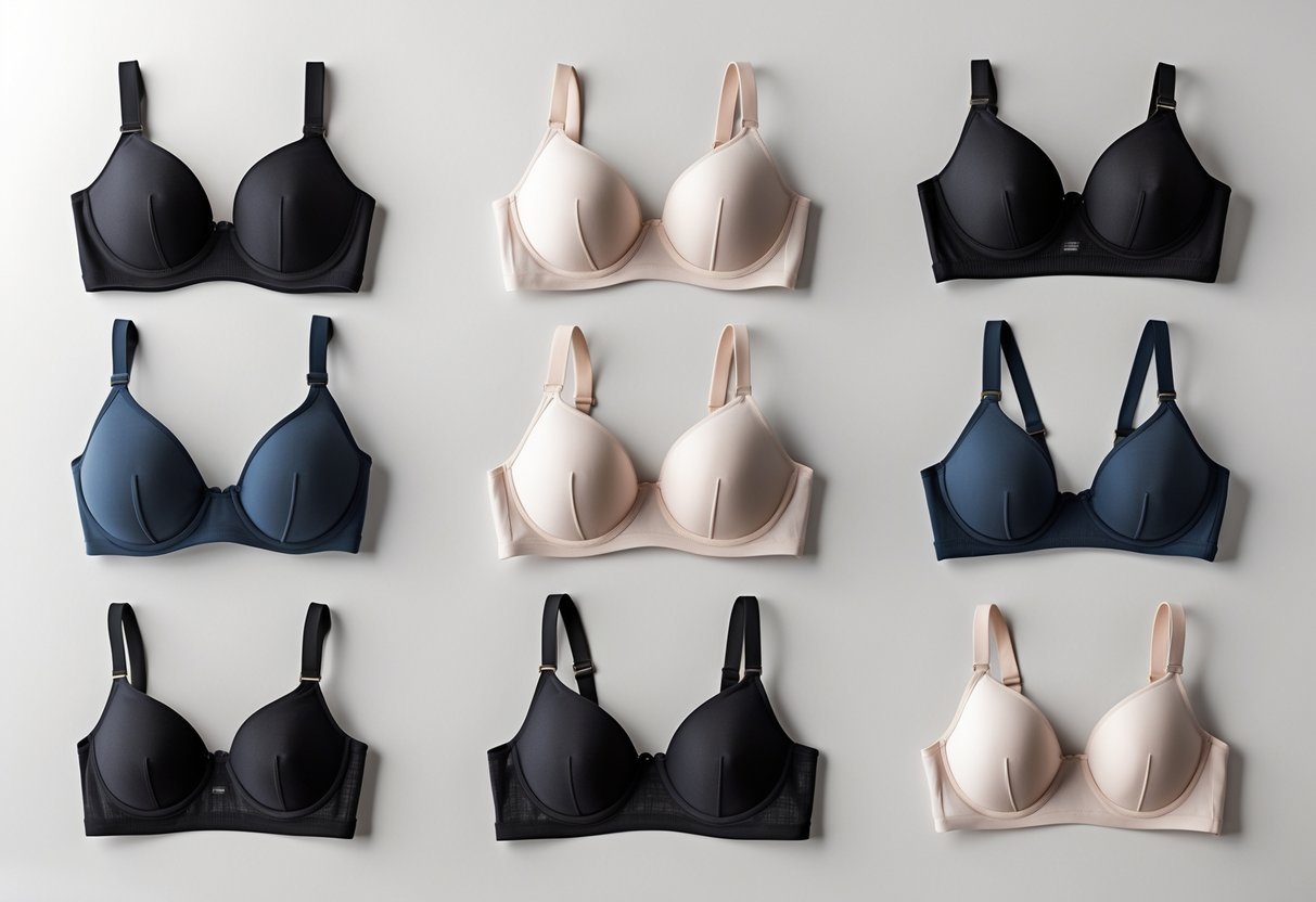 Eleven different types of t-shirt bras arranged neatly on a neutral background.