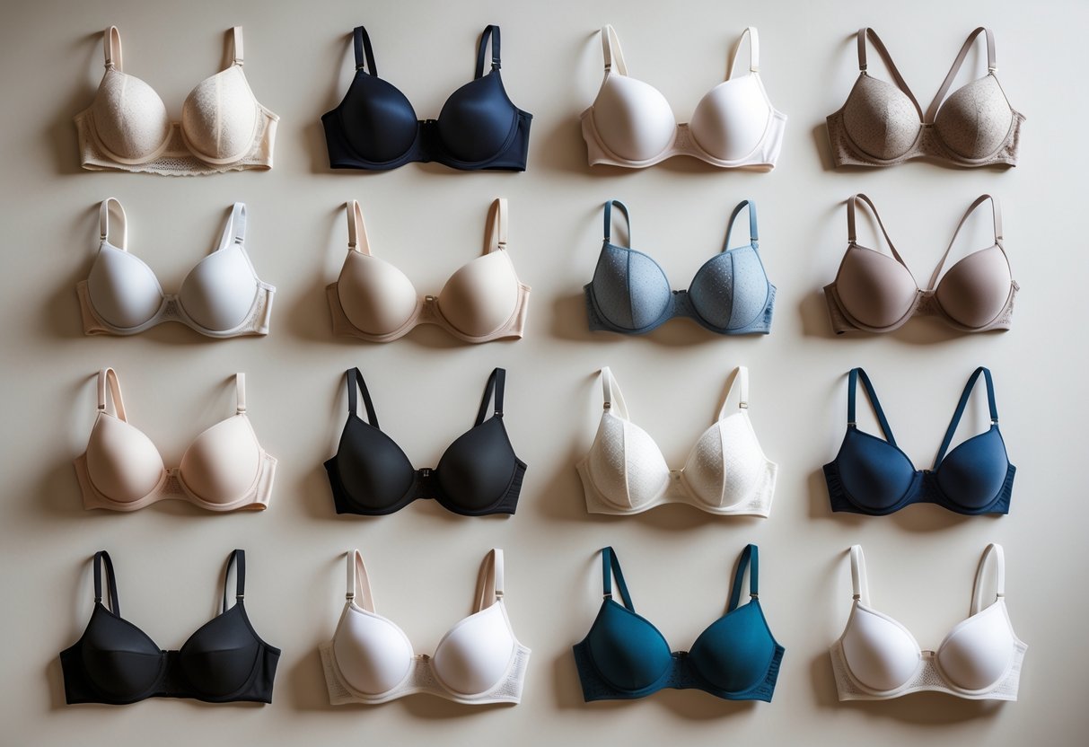A collection of eleven different styles of push-up bras arranged neatly on a plain background.
