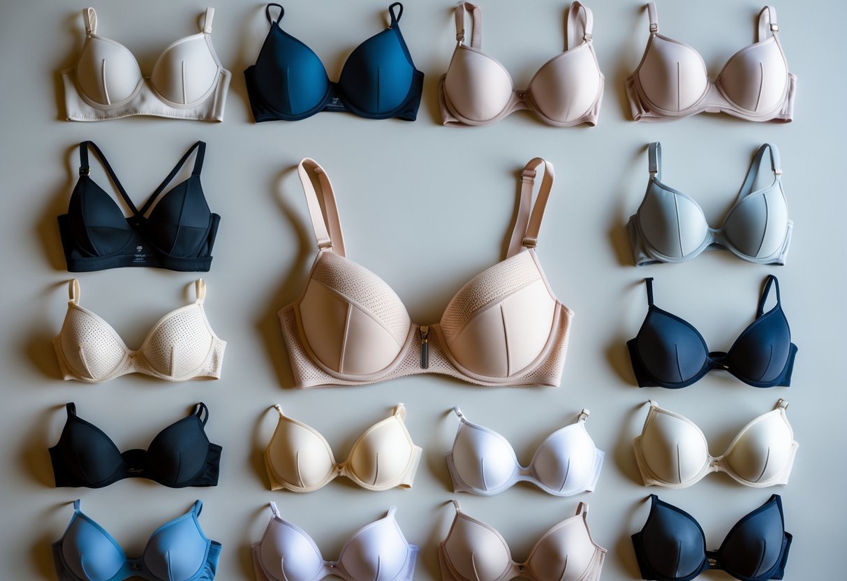 A collection of eleven different types of bras arranged on a neutral background with a balconette bra in the center.