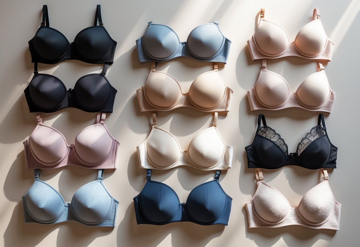 A flat lay of eleven different strapless bras arranged neatly on a neutral background.
