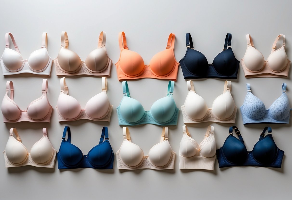 A collection of eleven different padded bras arranged on a neutral background, each showing a unique style and design.