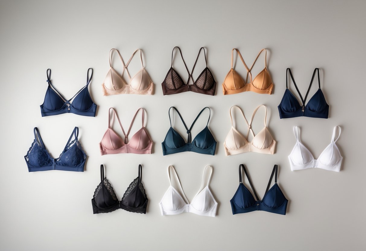 Eleven different styles of bralettes displayed neatly on a neutral background, showing various designs and fabrics.