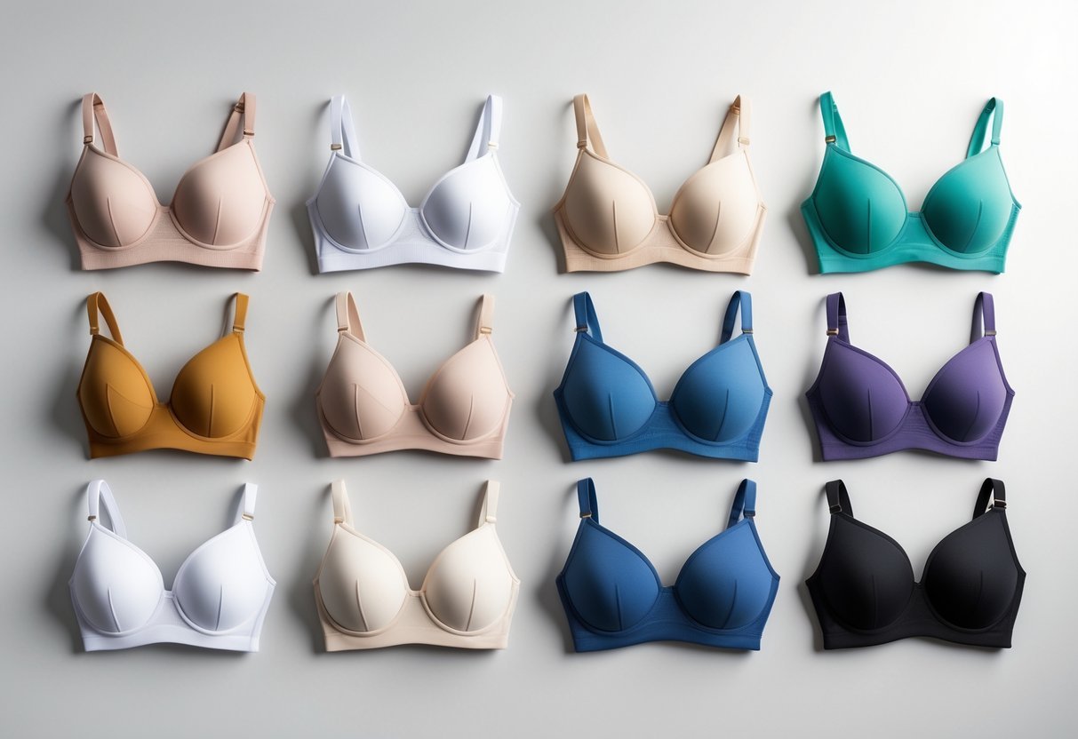 A collection of 11 seamless bras in different styles and colors arranged neatly on a plain background.
