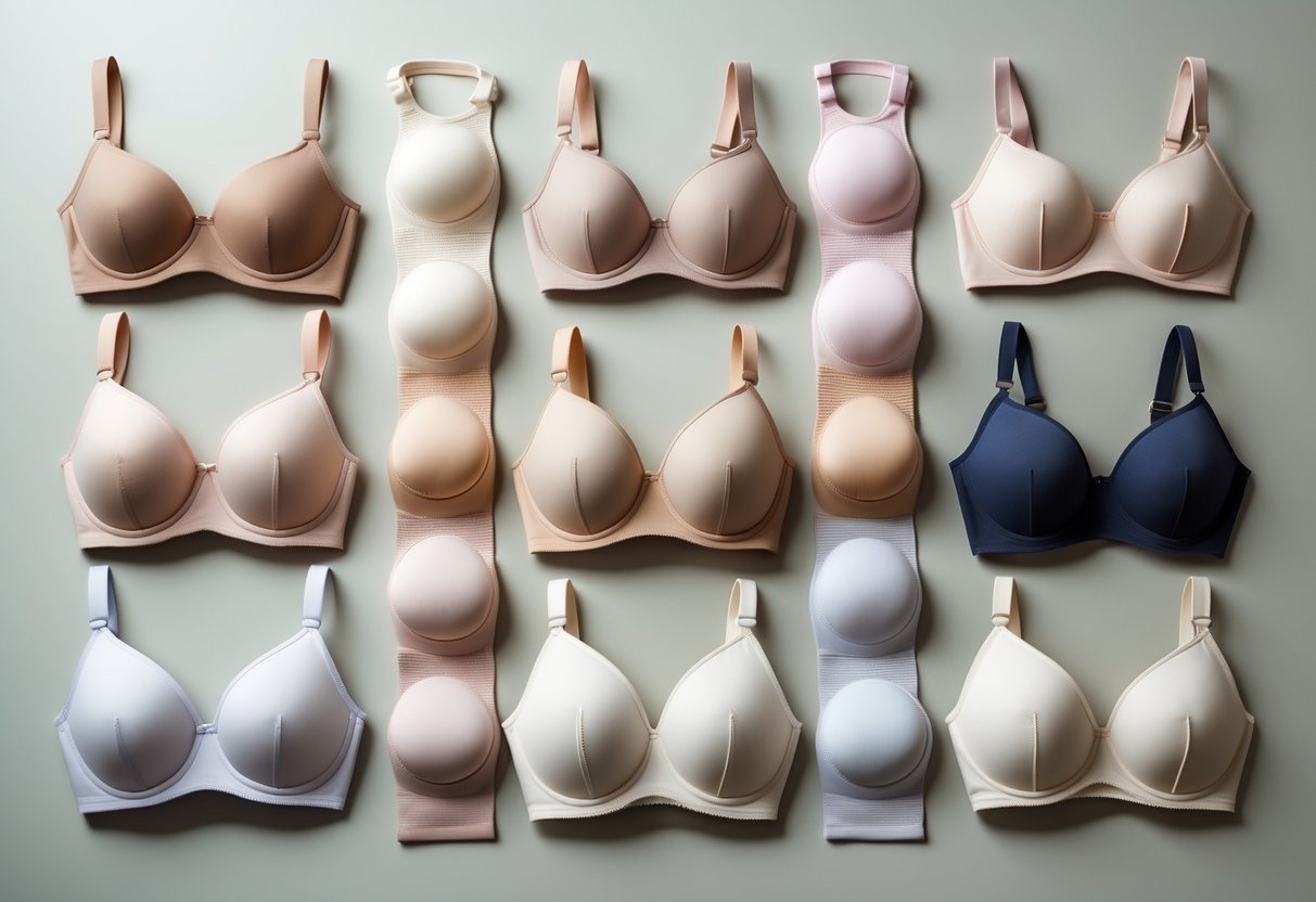 Eleven different types of underwire bras arranged neatly on a neutral background.