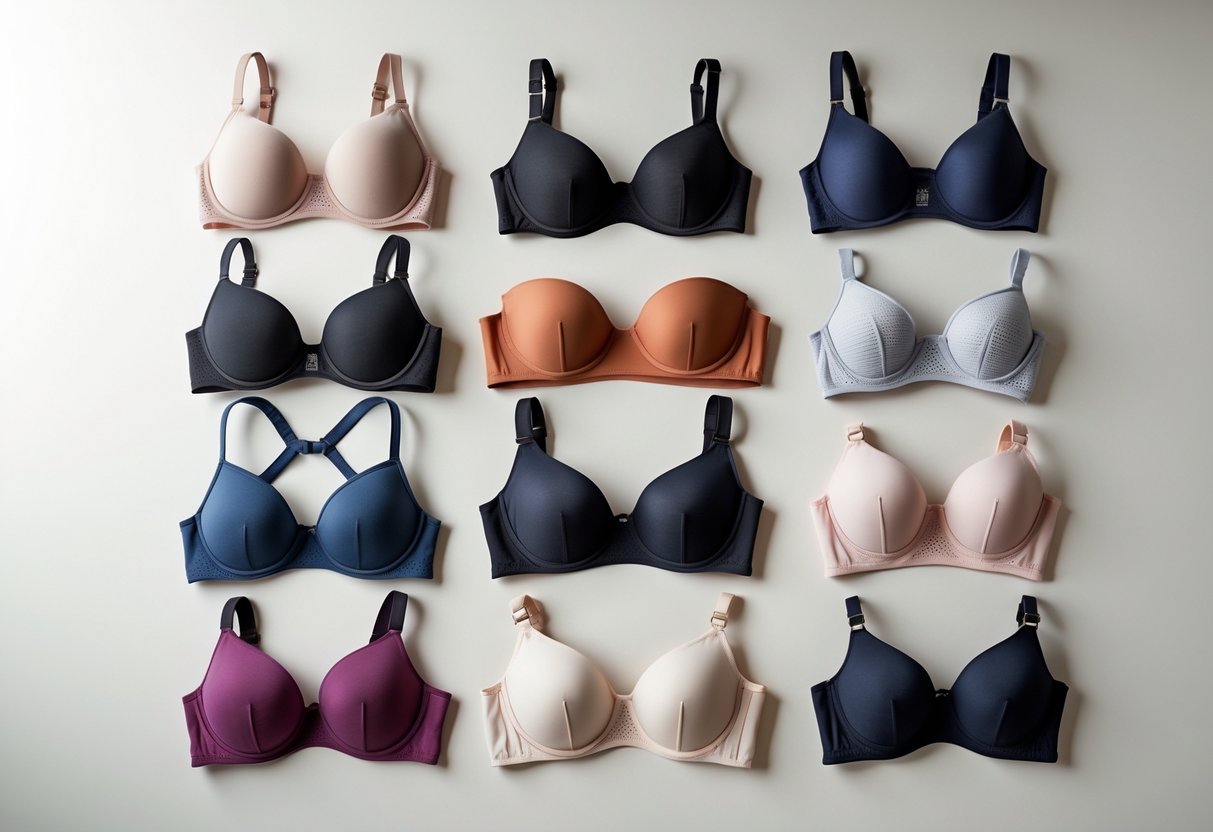 A collection of eleven different types of bras arranged neatly on a neutral background.