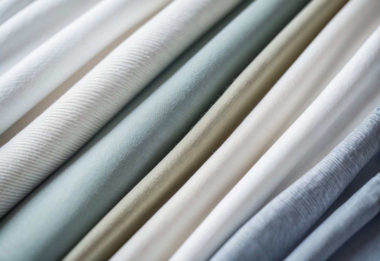 Close-up view of various high-quality t-shirt fabrics showing different textures and colors arranged on a clean surface.