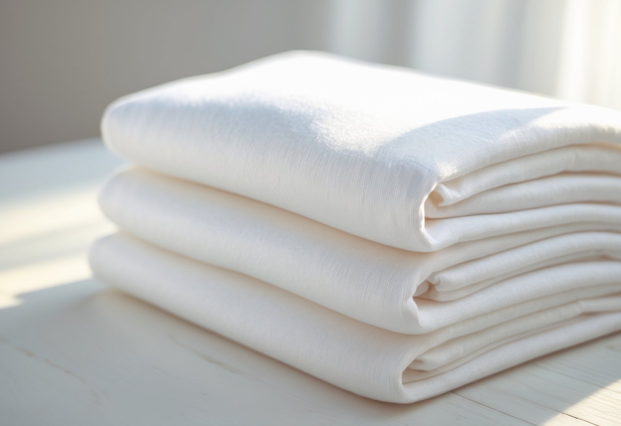 Close-up of neatly folded white cotton t-shirts on a wooden surface showing soft fabric texture.