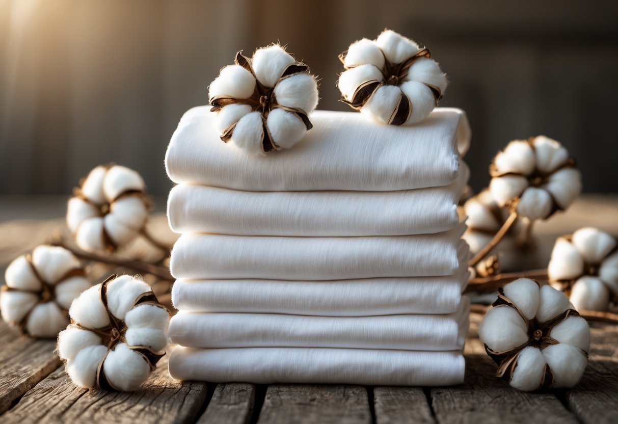 Stack of white organic cotton t-shirts with cotton bolls on a wooden table.