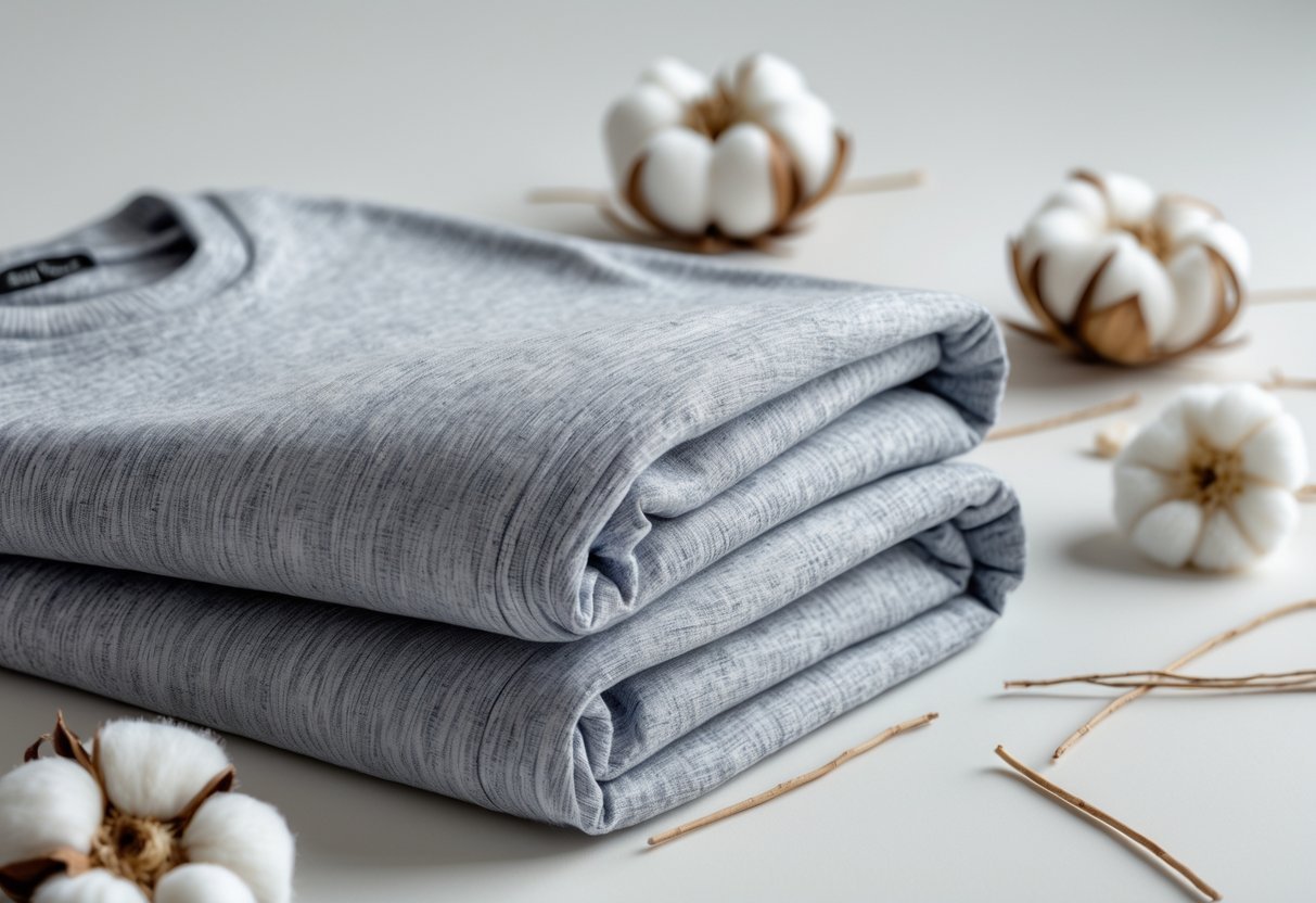 Close-up of a folded tri-blend t-shirt fabric with cotton bolls and fibers arranged around it on a neutral background.