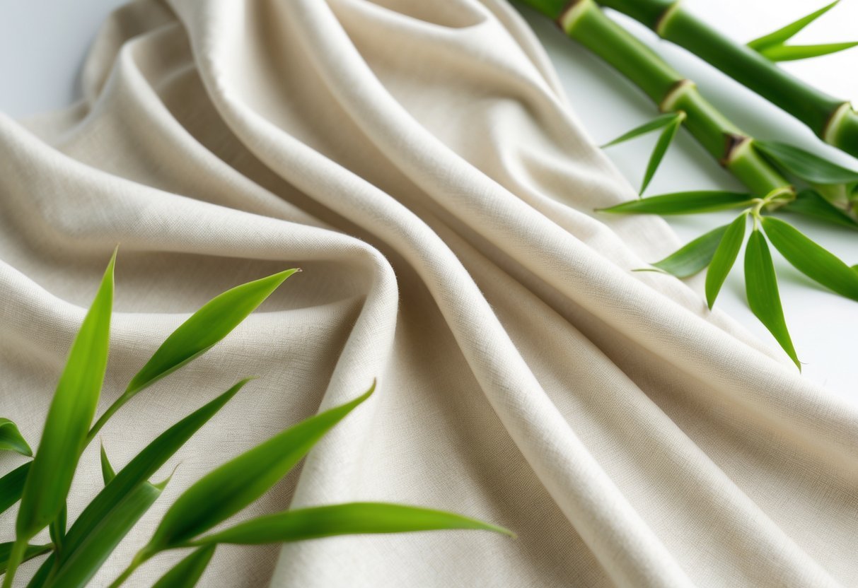 Close-up of soft bamboo fabric draped beside fresh green bamboo stalks and leaves.