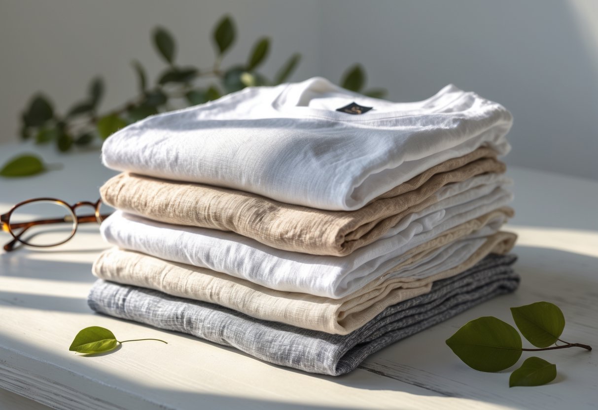 Stack of neatly folded linen t-shirts in natural colors on a wooden surface with soft natural light.