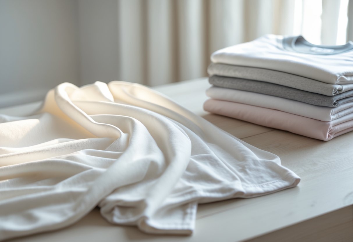 Close-up of soft, folded t-shirts made from smooth modal fabric on a wooden surface.