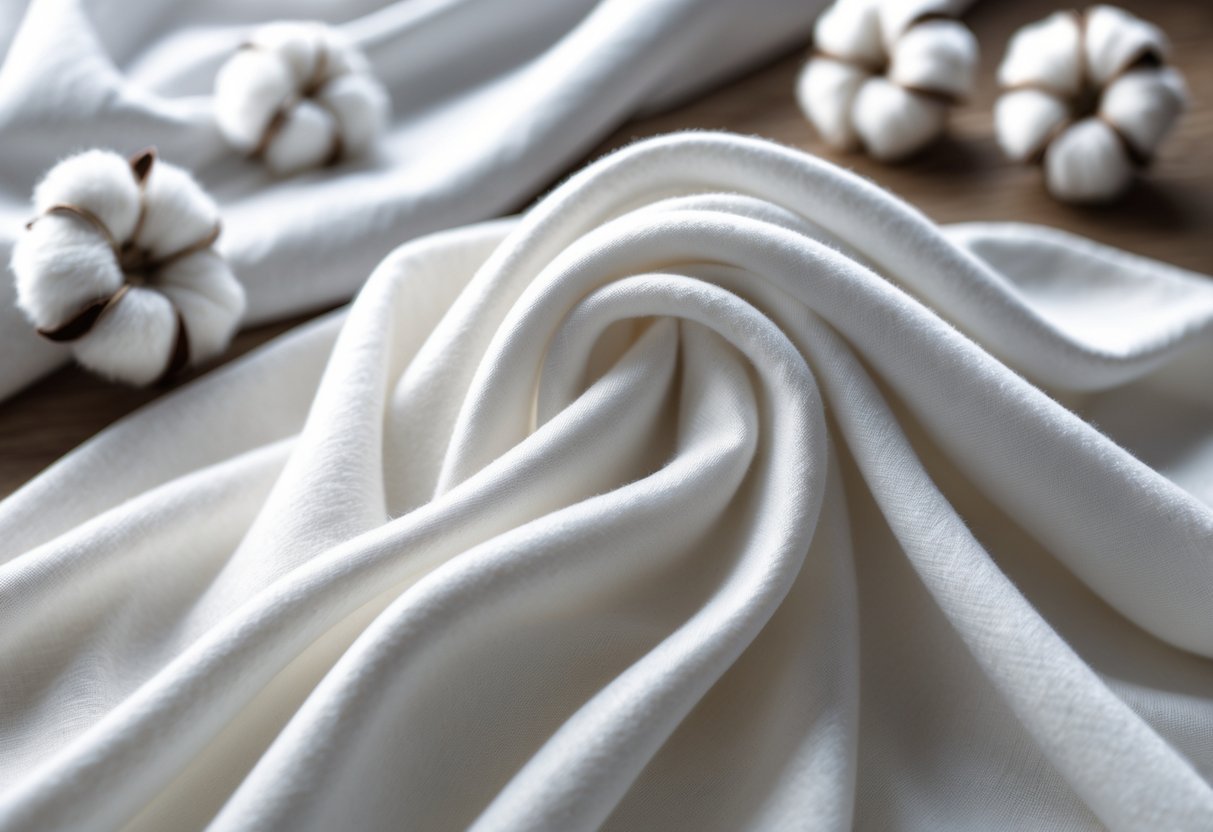 Close-up of soft white cotton fabric draped with cotton bolls in the background on a wooden surface.