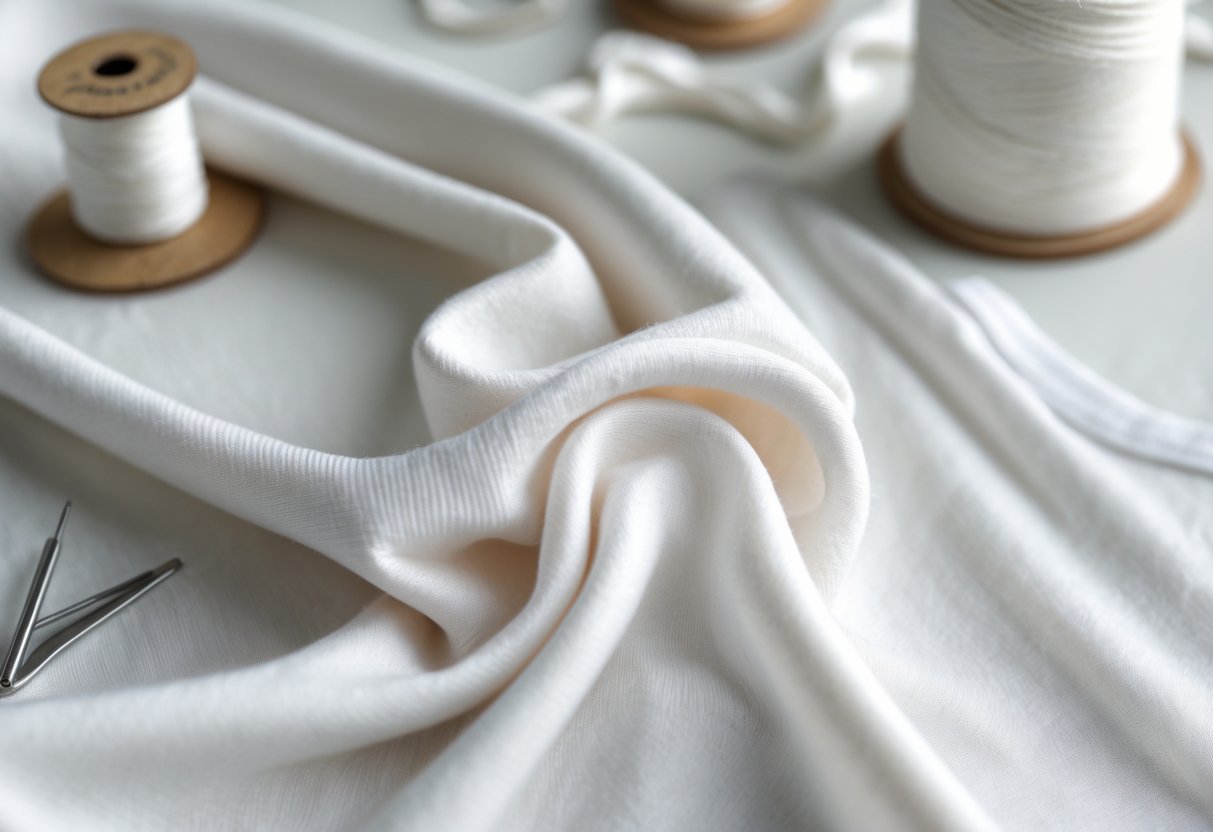 Close-up of soft Pima cotton fabric with sewing materials and a white t-shirt in the background.