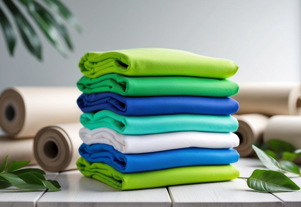 A stack of colorful t-shirts made from recycled polyester fabric on a wooden surface with green leaves nearby.