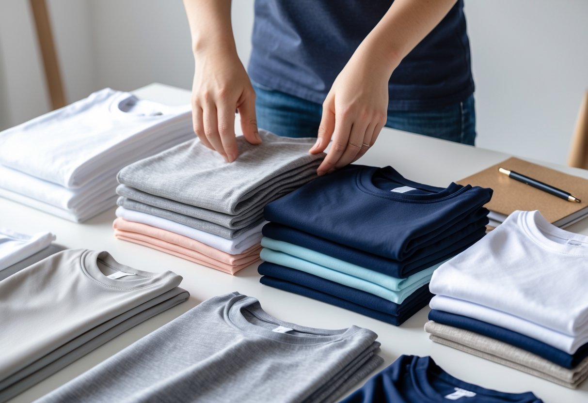 Hands comparing different t-shirt fabric swatches arranged on a wooden table.