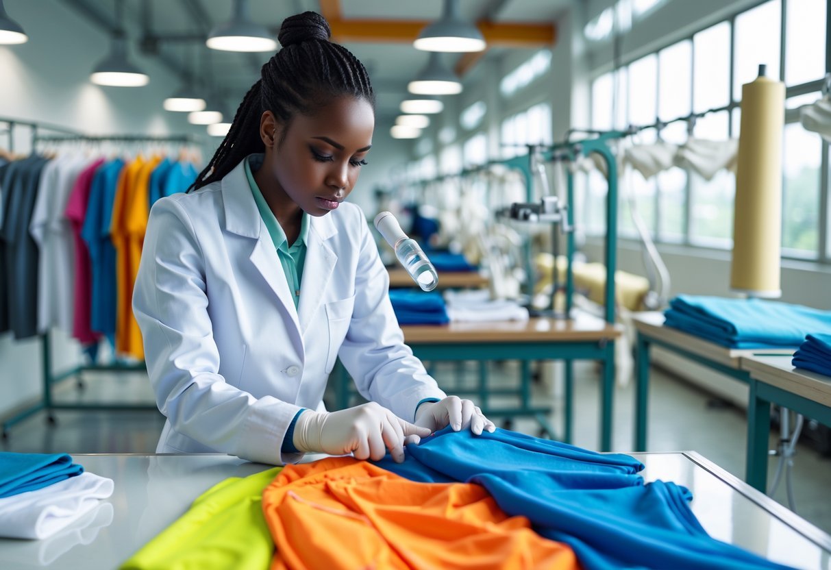 A female quality inspector in a lab coat examines a garment on a table inside a clothing factory.