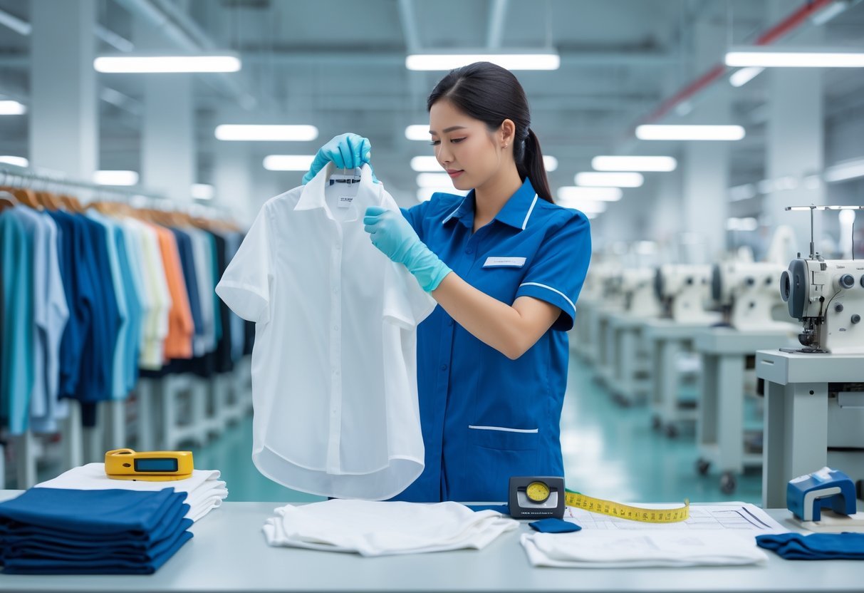 An inspector examining a white shirt at a clothing quality control workstation in a textile factory.
