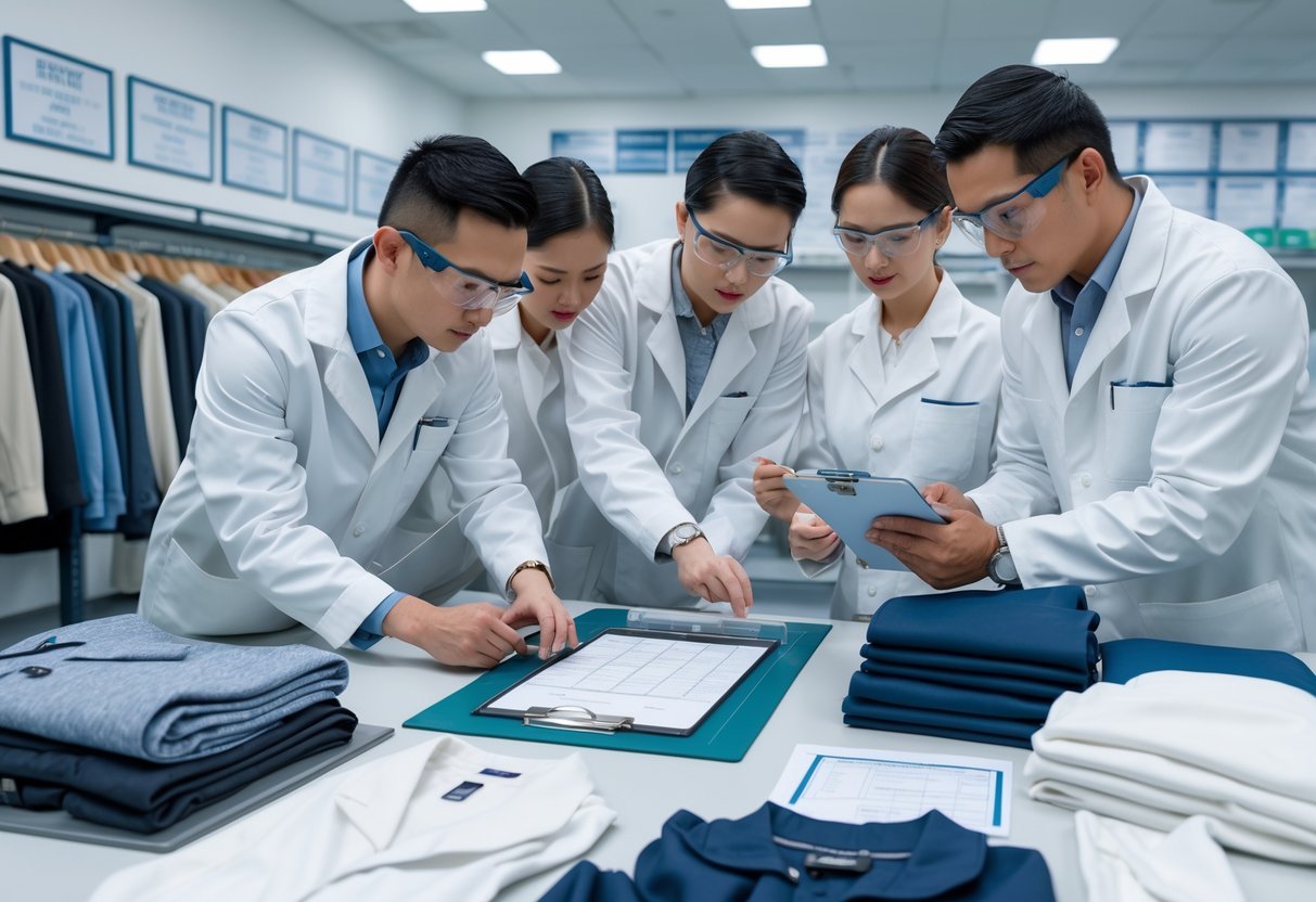 Inspectors examining clothing samples and fabric quality in a clean textile factory setting.