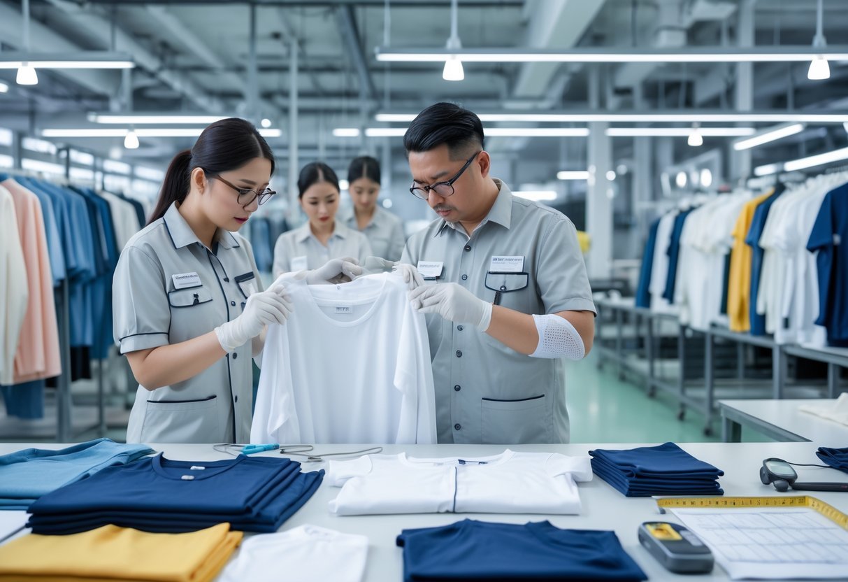 Inspectors examining clothing items in a factory setting during the quality control process.