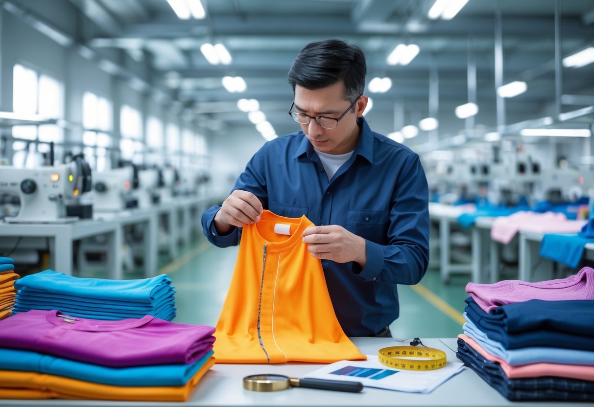 A clothing quality control inspector examining a shirt at a table in a textile factory surrounded by folded clothes and sewing machines.