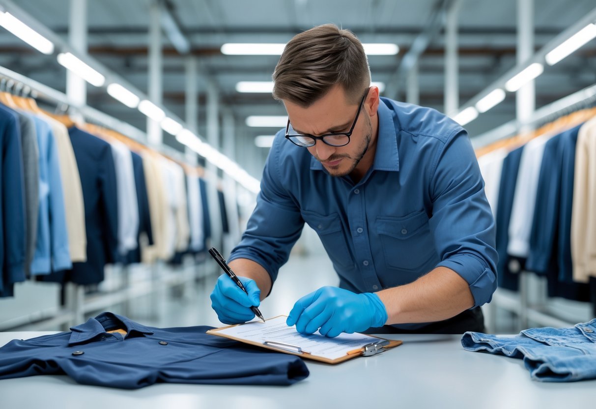 A person inspecting clothing on a table with a checklist in a clean garment factory.
