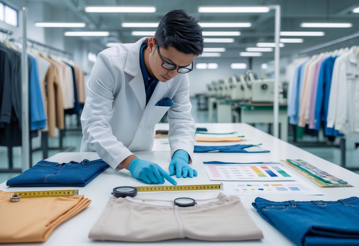 A clothing quality control inspector examines garments and fabric samples on a table in a textile factory, checking for defects and using various testing tools.