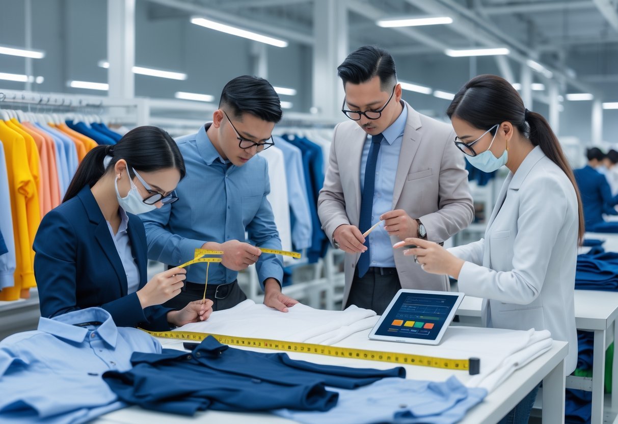 Quality control inspectors examining garments in a textile factory, checking fabric and measurements with tools.