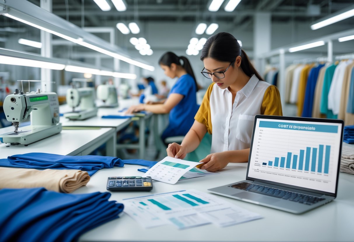 Workers sewing clothes and reviewing fabric samples and cost sheets in a garment factory workspace.