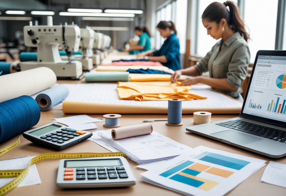 A clothing manufacturing workspace showing fabric rolls, sewing machines, measuring tapes, a calculator, and workers sewing and cutting fabric.