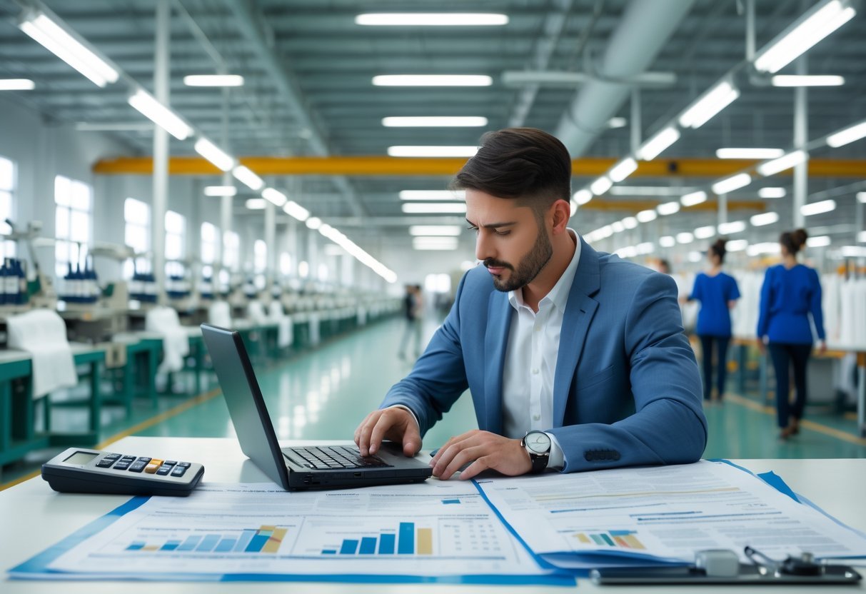 A clothing factory floor with workers sewing garments and a manager reviewing financial documents and cost reports at a desk.