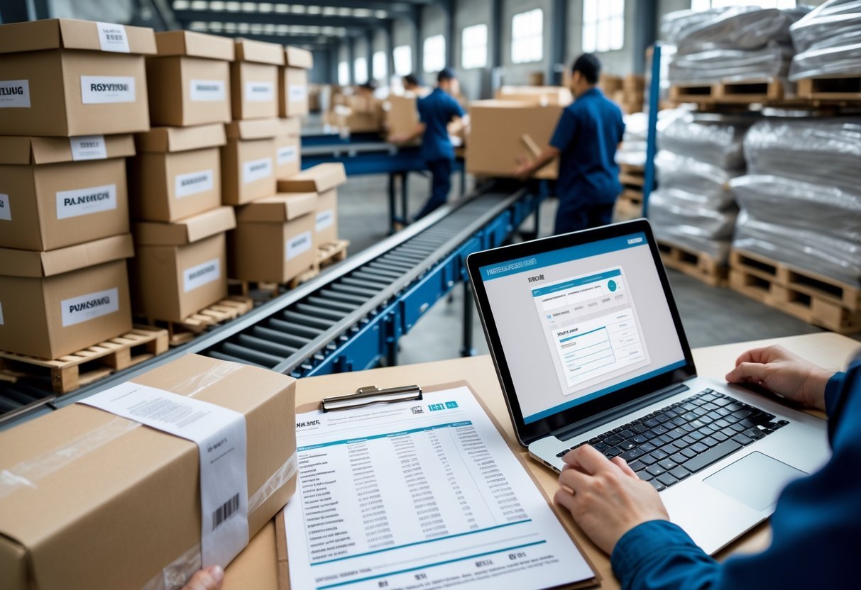 Workers handling clothing packages in a warehouse with delivery trucks and shipping materials visible.