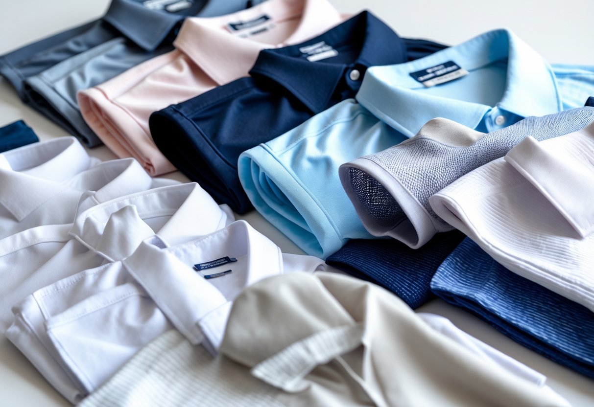 Close-up view of various folded golf shirts made from different fabric materials arranged on a white background.