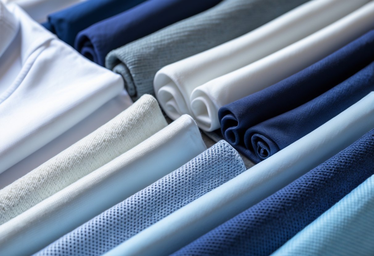 Close-up view of different golf shirt fabric swatches arranged flat on a neutral background.